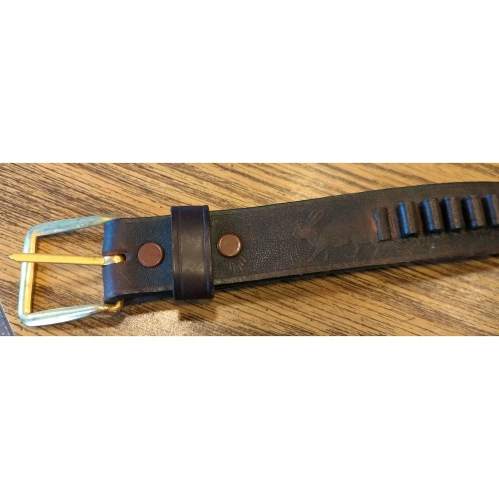 Vintage Leather Ammo Belt Hunting Scene‎ Birds Rabbit Turkey Cowhide Size Medium
